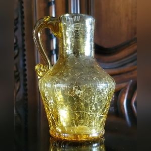 Vntg Pilgrim 4 1/4" Tall Amber Crackle Glass Jug Vase Bottle Pitcher